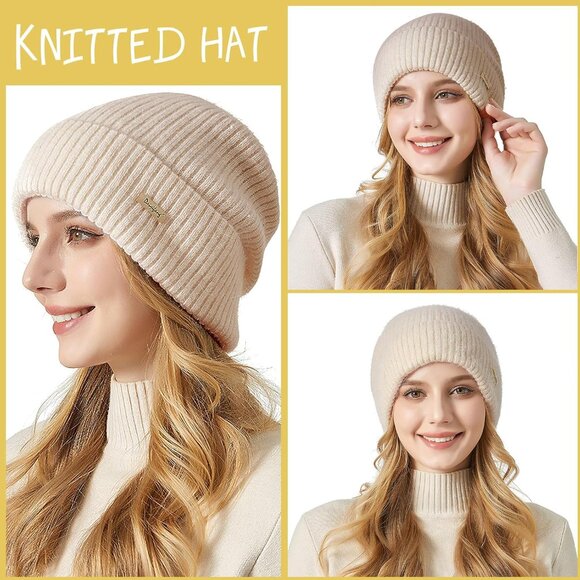 Womens Warm Knit Beanie Hat Thick Cotton Lined Slouchy Skull Cap Fall Winter - Picture 4 of 7